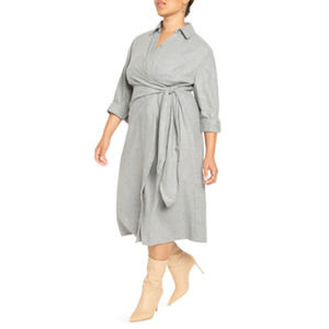 NWT Eloquii Wrap Waist Long Sleeve Wool Blend Shirtdress in Light Gray
